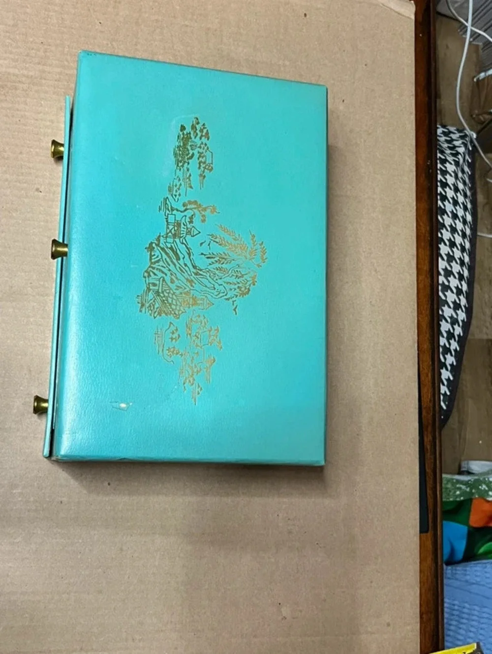 Vintage Mid Century Turquoise Jewelry Box Gold Chinoiserie Asian Pagoda Storage